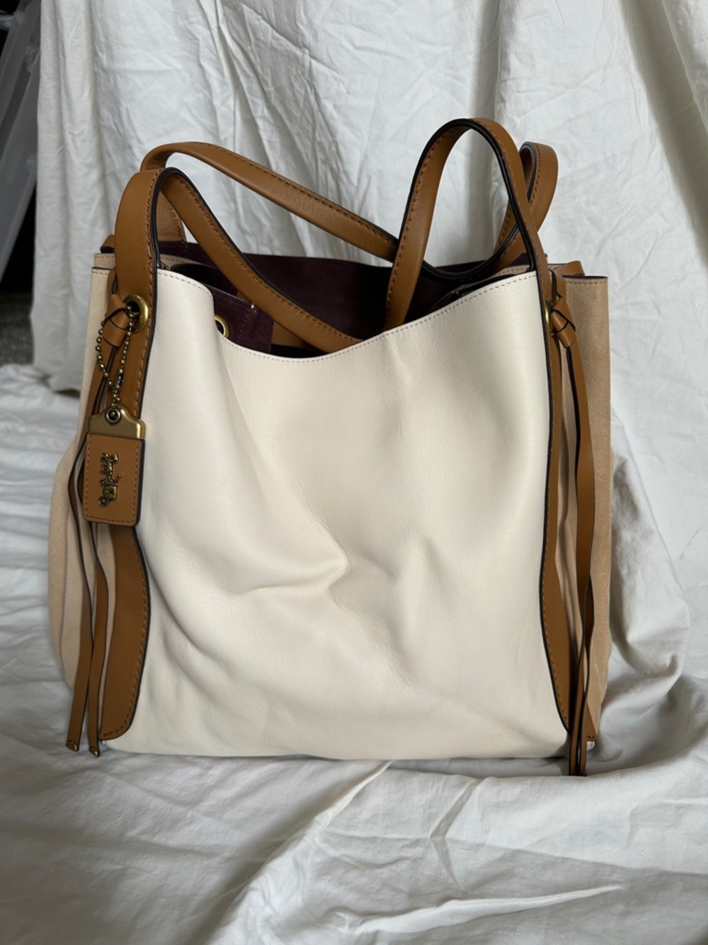 Coach Cream and Tan Leather Tote with Signature Tag